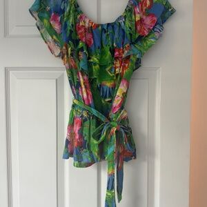 Ralph Lauren Top Women"s M Tropical Floral Flutter Sleeve Blouse Off Shoulder